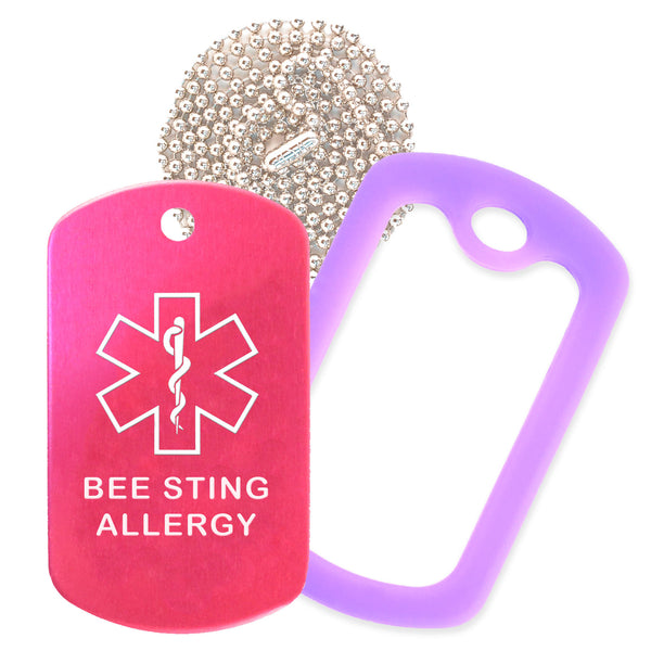 Hot Pink Medical ID Bee Sting Allergy Necklace with Purple Rubber Silencer and 30'' Ball Chain
