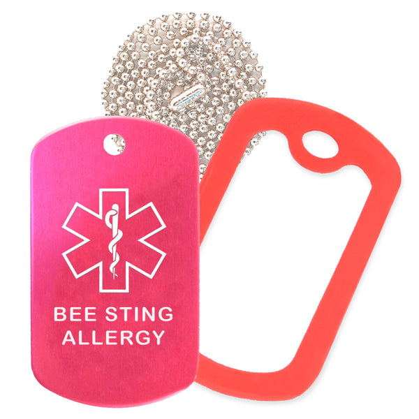 Hot Pink Medical ID Bee Sting Allergy Necklace with Red Rubber Silencer and 30'' Ball Chain