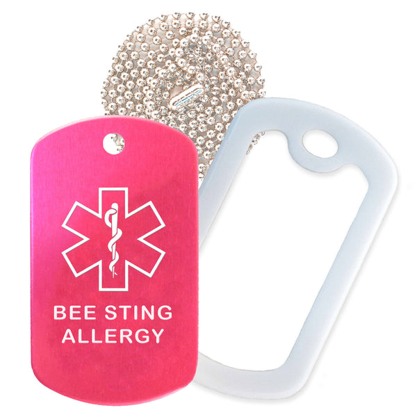 Hot Pink Medical ID Bee Sting Allergy Necklace with White Rubber Silencer and 30'' Ball Chain