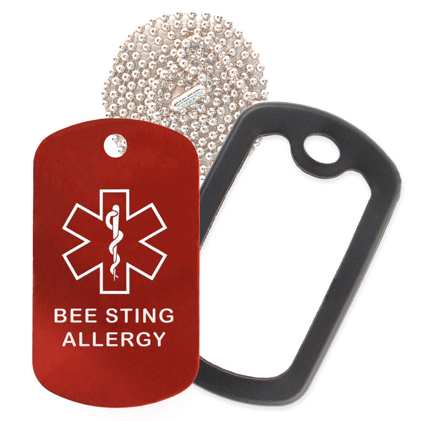 Red Medical ID Bee Sting Allergy Necklace with Black Rubber Silencer and 30'' Ball Chain
