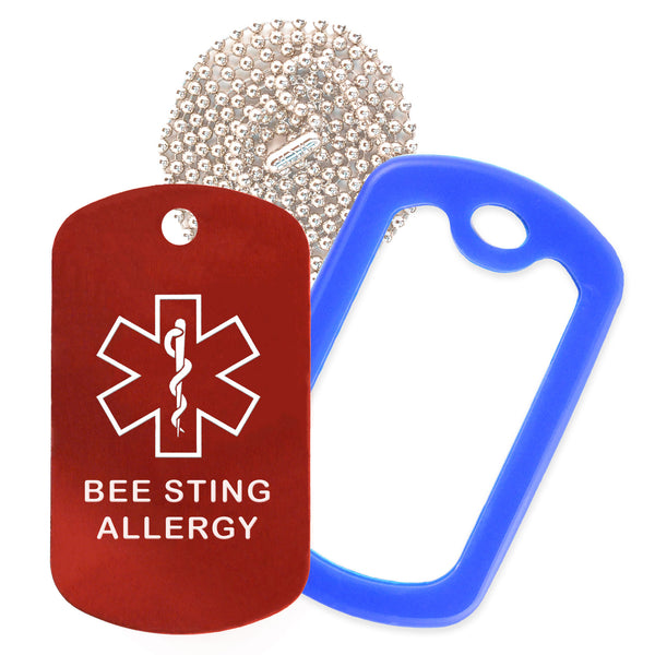 Red Medical ID Bee Sting Allergy Necklace with Blue Rubber Silencer and 30'' Ball Chain
