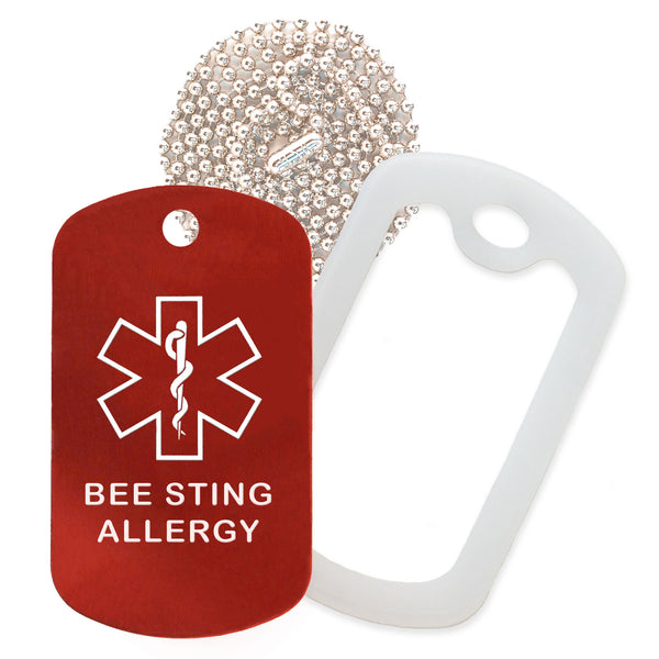 Red Medical ID Bee Sting Allergy Necklace with Clear Rubber Silencer and 30'' Ball Chain