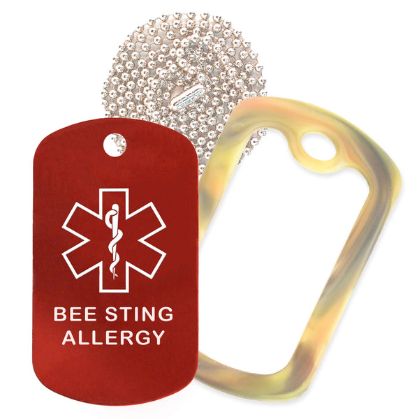 Red Medical ID Bee Sting Allergy Necklace with Forest Camo Rubber Silencer and 30'' Ball Chain