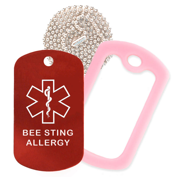 Red Medical ID Bee Sting Allergy Necklace with Purple Rubber Silencer and 30'' Ball Chain