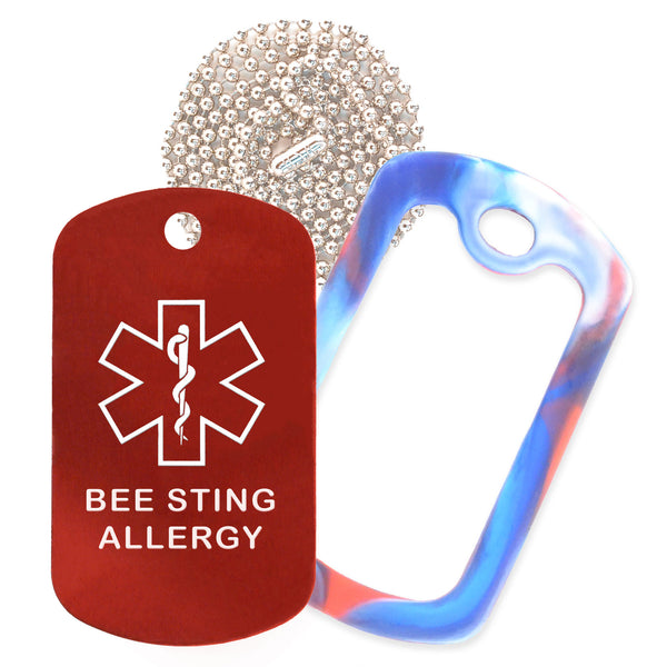 Red Medical ID Bee Sting Allergy Necklace with Red White and Blue Rubber Silencer and 30'' Ball Chain