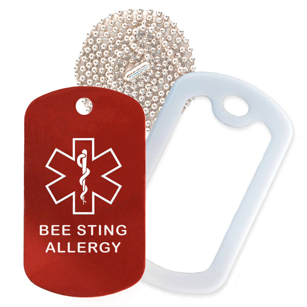 Red Medical ID Bee Sting Allergy Necklace with White Rubber Silencer and 30'' Ball Chain