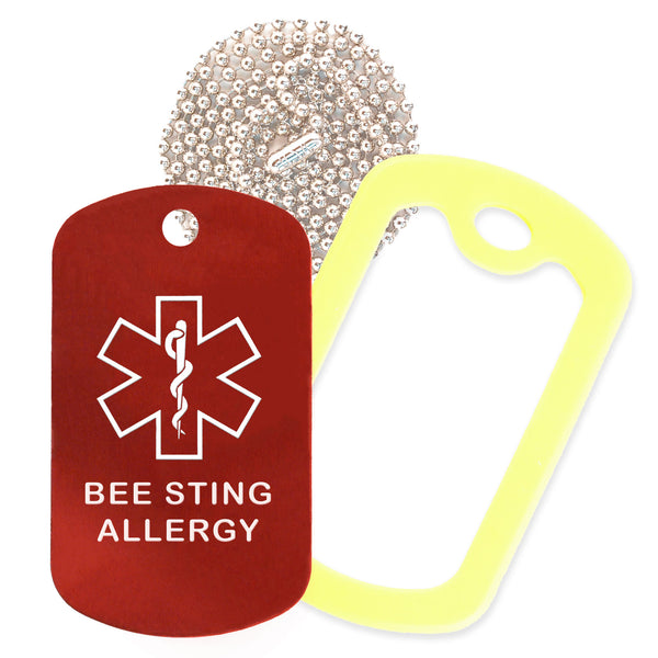 Red Medical ID Bee Sting Allergy Necklace with Yellow Rubber Silencer and 30'' Ball Chain