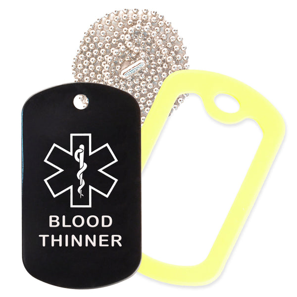 Black Medical ID Blood Thinner Necklace with Yellow Rubber Silencer and 30'' Ball Chain