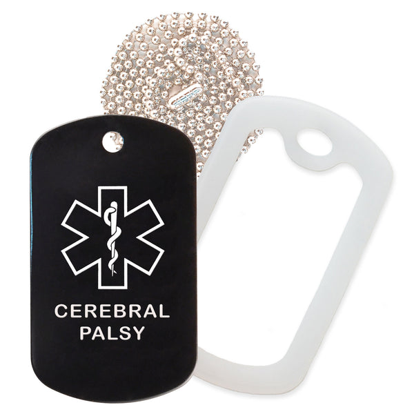 Black Medical ID Cerebral Palsy Necklace with Clear Rubber Silencer and 30'' Ball Chain
