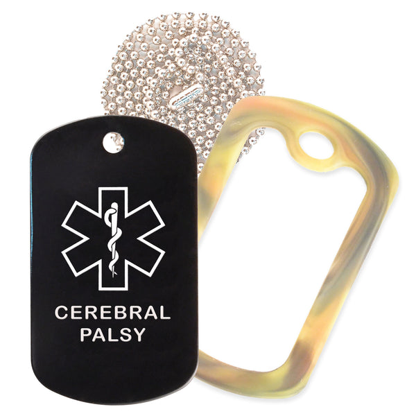 Black Medical ID Cerebral Palsy Necklace with Forest Camo Rubber Silencer and 30'' Ball Chain