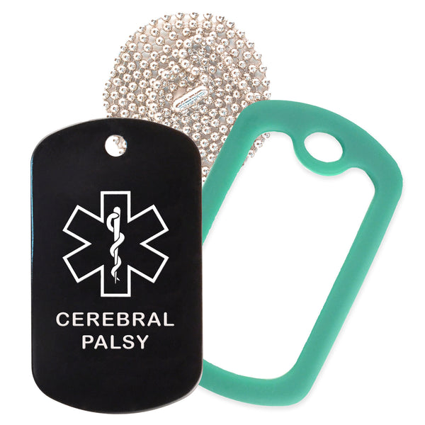 Black Medical ID Cerebral Palsy Necklace with Green Rubber Silencer and 30'' Ball Chain