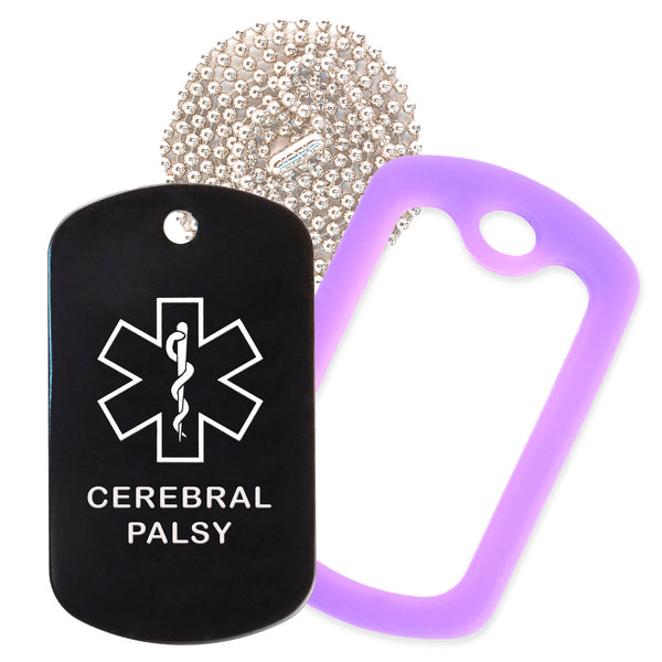 Black Medical ID Cerebral Palsy Necklace with Purple Rubber Silencer and 30'' Ball Chain
