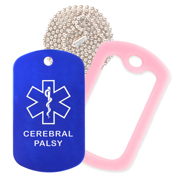 Blue Medical ID Cerebral Palsy Necklace with Pink Rubber Silencer and 30'' Ball Chain