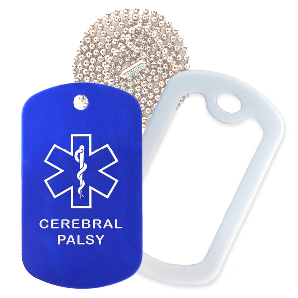 Blue Medical ID Cerebral Palsy Necklace with White Rubber Silencer and 30'' Ball Chain