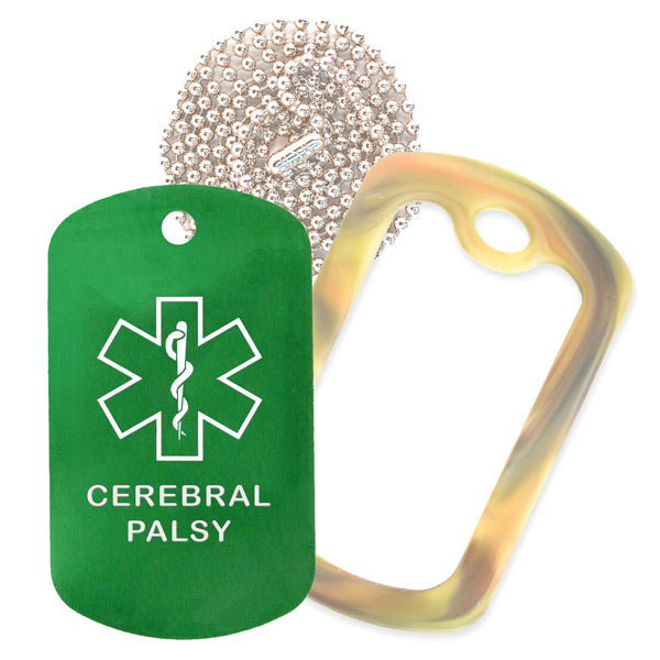 Green Medical ID Cerebral Palsy Necklace with Forest Camo Rubber Silencer and 30'' Ball Chain