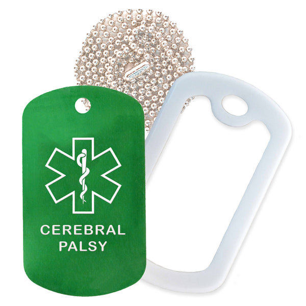 Green Medical ID Cerebral Palsy Necklace with White Rubber Silencer and 30'' Ball Chain