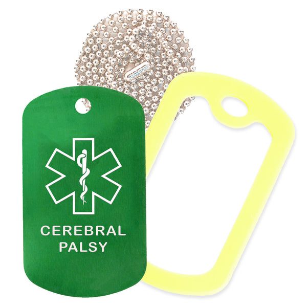 Green Medical ID Cerebral Palsy Necklace with Yellow Rubber Silencer and 30'' Ball Chain