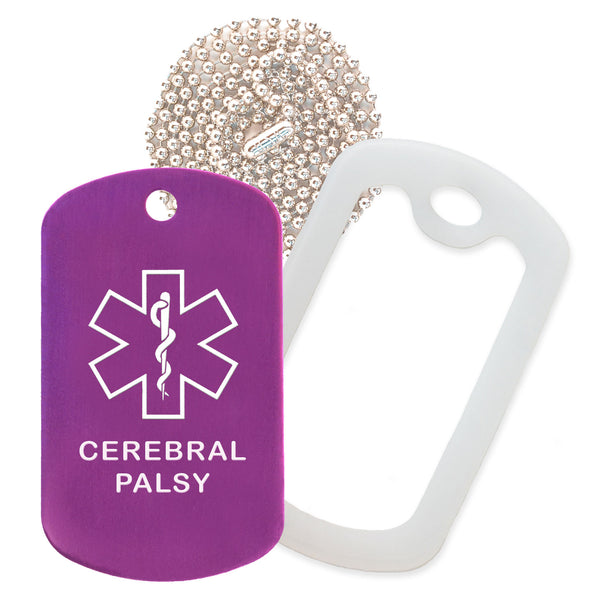 Purple Medical ID Cerebral Palsy Necklace with Clear Rubber Silencer and 30'' Ball Chain