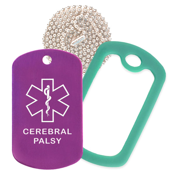 Purple Medical ID Cerebral Palsy Necklace with Green Rubber Silencer and 30'' Ball Chain