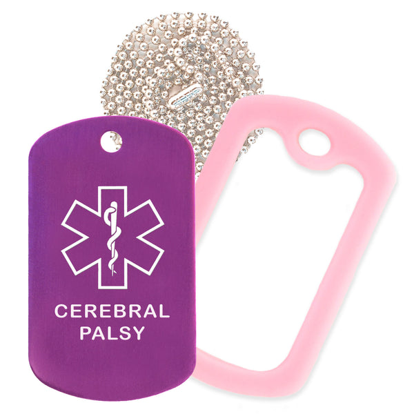 Purple Medical ID Cerebral Palsy Necklace with Pink Rubber Silencer and 30'' Ball Chain