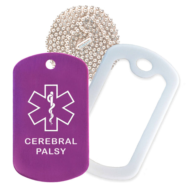 Purple Medical ID Cerebral Palsy Necklace with White Rubber Silencer and 30'' Ball Chain