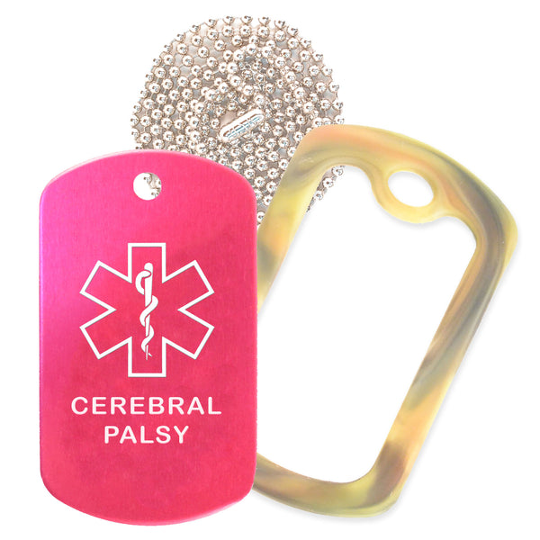 Hot Pink Medical ID Cerebral Palsy Necklace with Forest Camo Rubber Silencer and 30'' Ball Chain