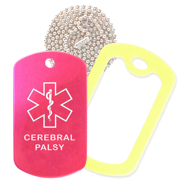 Hot Pink Medical ID Cerebral Palsy Necklace with Yellow Rubber Silencer and 30'' Ball Chain