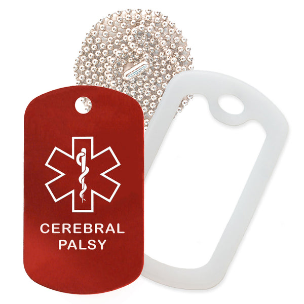 Red Medical ID Cerebral Palsy Necklace with Clear Rubber Silencer and 30'' Ball Chain