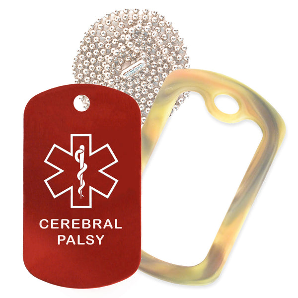 Red Medical ID Cerebral Palsy Necklace with Forest Camo Rubber Silencer and 30'' Ball Chain