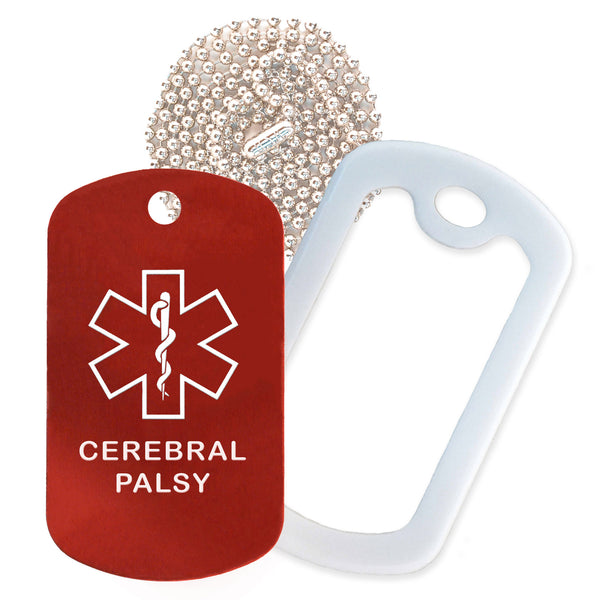 Red Medical ID Cerebral Palsy Necklace with White Rubber Silencer and 30'' Ball Chain