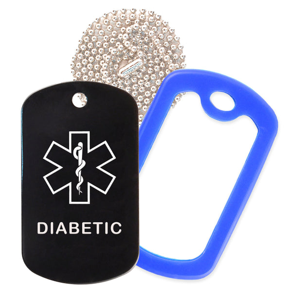 Black Medical ID Diabetic Necklace with Blue Rubber Silencer and 30'' Ball Chain