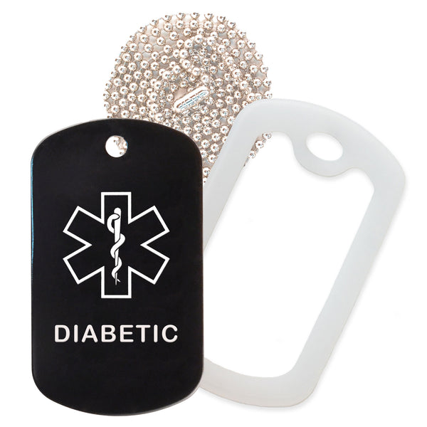 Black Medical ID Diabetic Necklace with Clear Rubber Silencer and 30'' Ball Chain