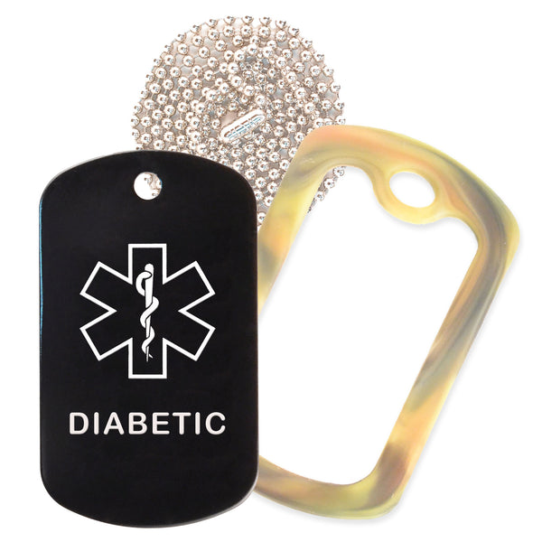 Black Medical ID Diabetic Necklace with Forest Camo Rubber Silencer and 30'' Ball Chain