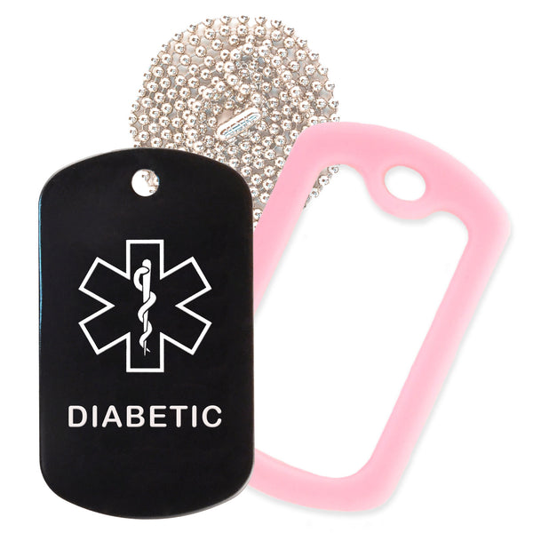Black Medical ID Diabetic Necklace with Pink Rubber Silencer and 30'' Ball Chain