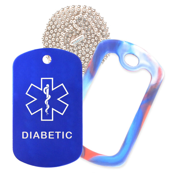 Blue Medical ID Diabetic Necklace with Red White and Blue Rubber Silencer and 30'' Ball Chain