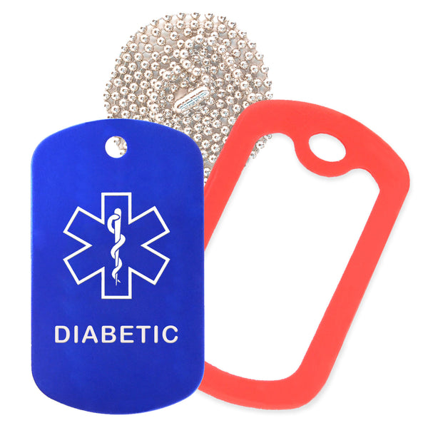 Blue Medical ID Diabetic Necklace with Red Rubber Silencer and 30'' Ball Chain