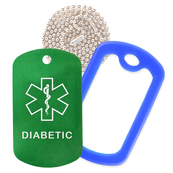 Green Medical ID Diabetic Necklace with Blue Rubber Silencer and 30'' Ball Chain