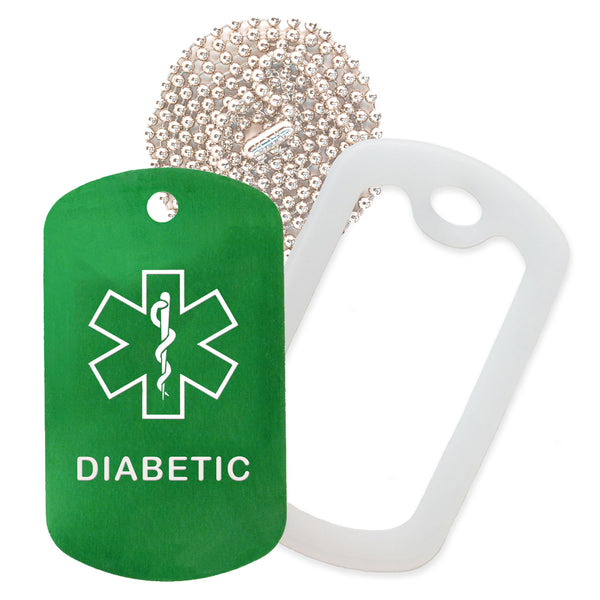 Green Medical ID Diabetic Necklace with Clear Rubber Silencer and 30'' Ball Chain