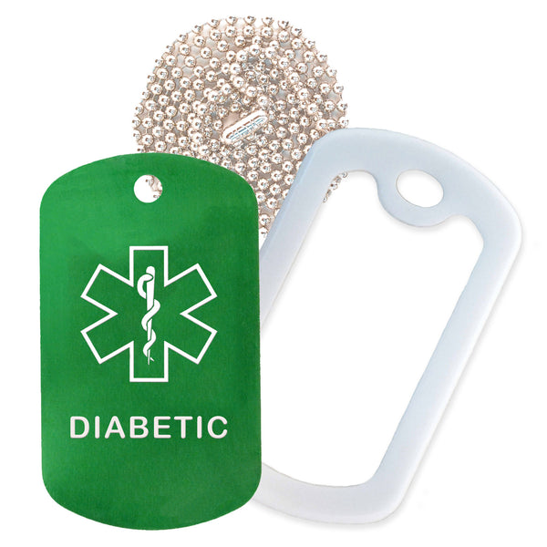 Green Medical ID Diabetic Necklace with White Rubber Silencer and 30'' Ball Chain