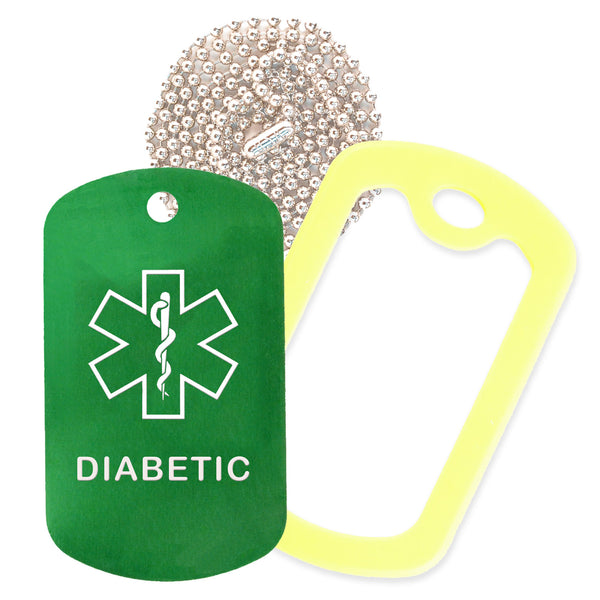 Green Medical ID Diabetic Necklace with Yellow Rubber Silencer and 30'' Ball Chain