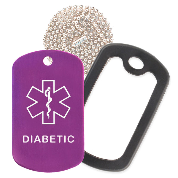 Purple Medical ID Diabetic Necklace with Black Rubber Silencer and 30'' Ball Chain