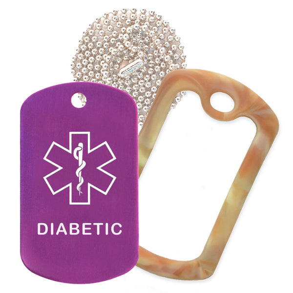 Purple Medical ID Diabetic Necklace with Desert Camo Rubber Silencer and 30'' Ball Chain