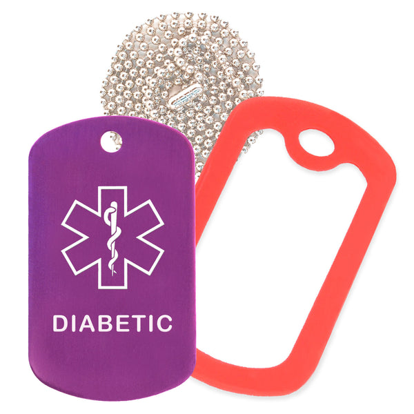 Purple Medical ID Diabetic Necklace with Red Rubber Silencer and 30'' Ball Chain