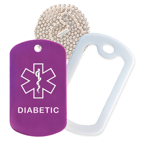 Purple Medical ID Diabetic Necklace with White Rubber Silencer and 30'' Ball Chain