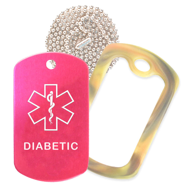 Hot Pink Medical ID Diabetic Necklace with Forest Camo Rubber Silencer and 30'' Ball Chain