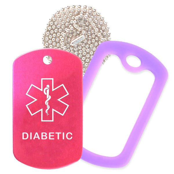 Hot Pink Medical ID Diabetic Necklace with Purple Rubber Silencer and 30'' Ball Chain