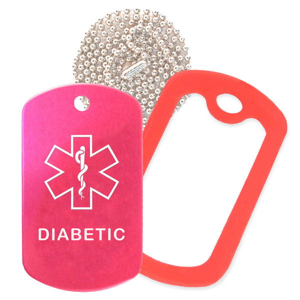 Hot Pink Medical ID Diabetic Necklace with Red Rubber Silencer and 30'' Ball Chain