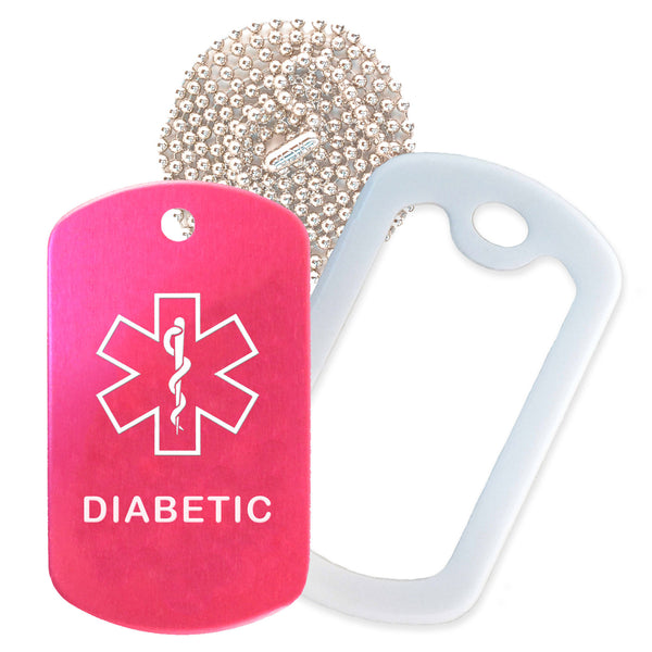 Hot Pink Medical ID Diabetic Necklace with White Rubber Silencer and 30'' Ball Chain