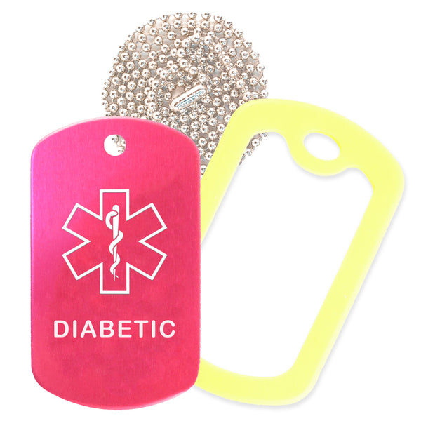 Hot Pink Medical ID Diabetic Necklace with Yellow Rubber Silencer and 30'' Ball Chain