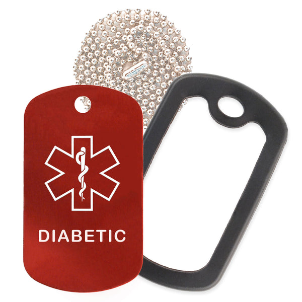 Red Medical ID Diabetic Necklace with Black Rubber Silencer and 30'' Ball Chain